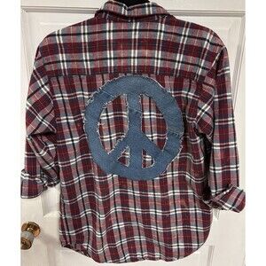 Peace Sign Upcycled Flannel Hippie Grunge Bleached Button Up Shirt Small Unisex